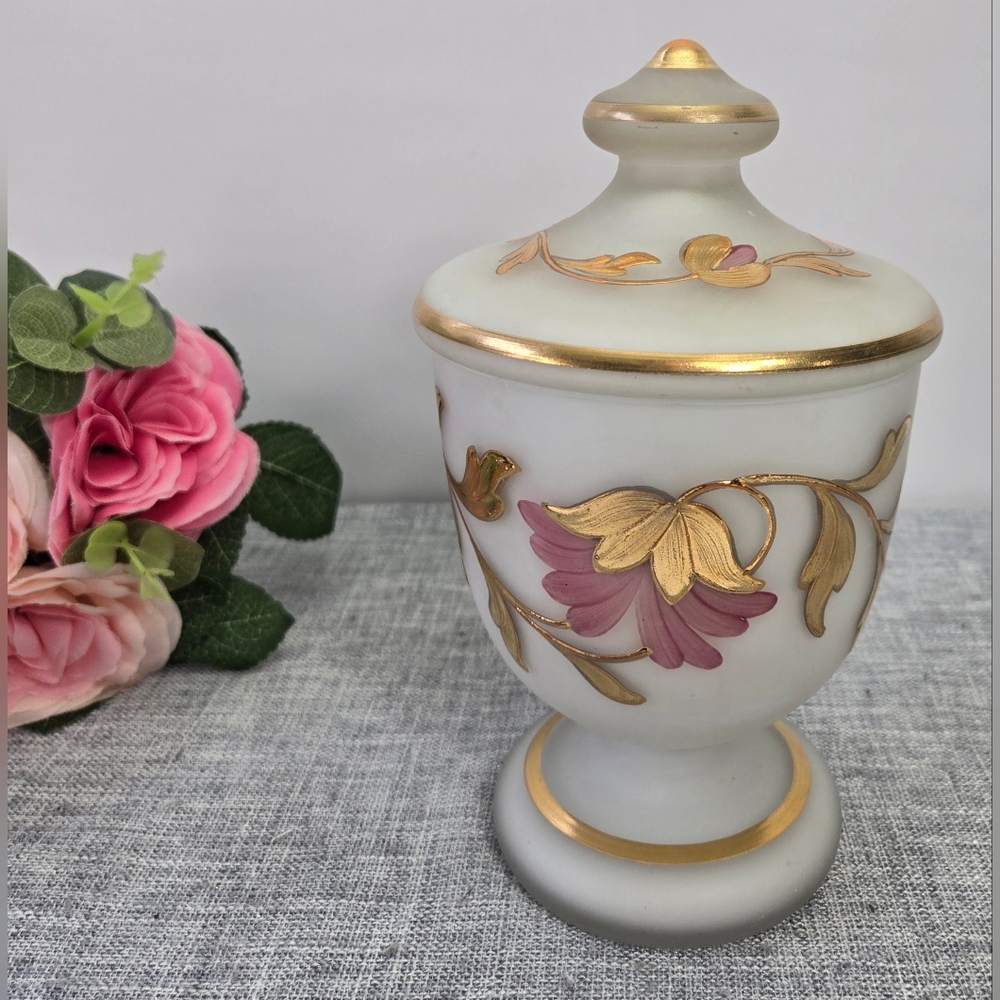 Vintage‎ Bohemian Satin Glass Candy Apotecary Dish Hand Painted Floral Gold